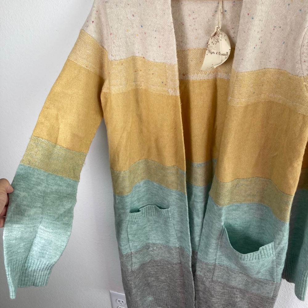 Hem & Thread Cardigan Womens M Multicolor Stripe color Block Open Front Longline - Picture 5 of 8